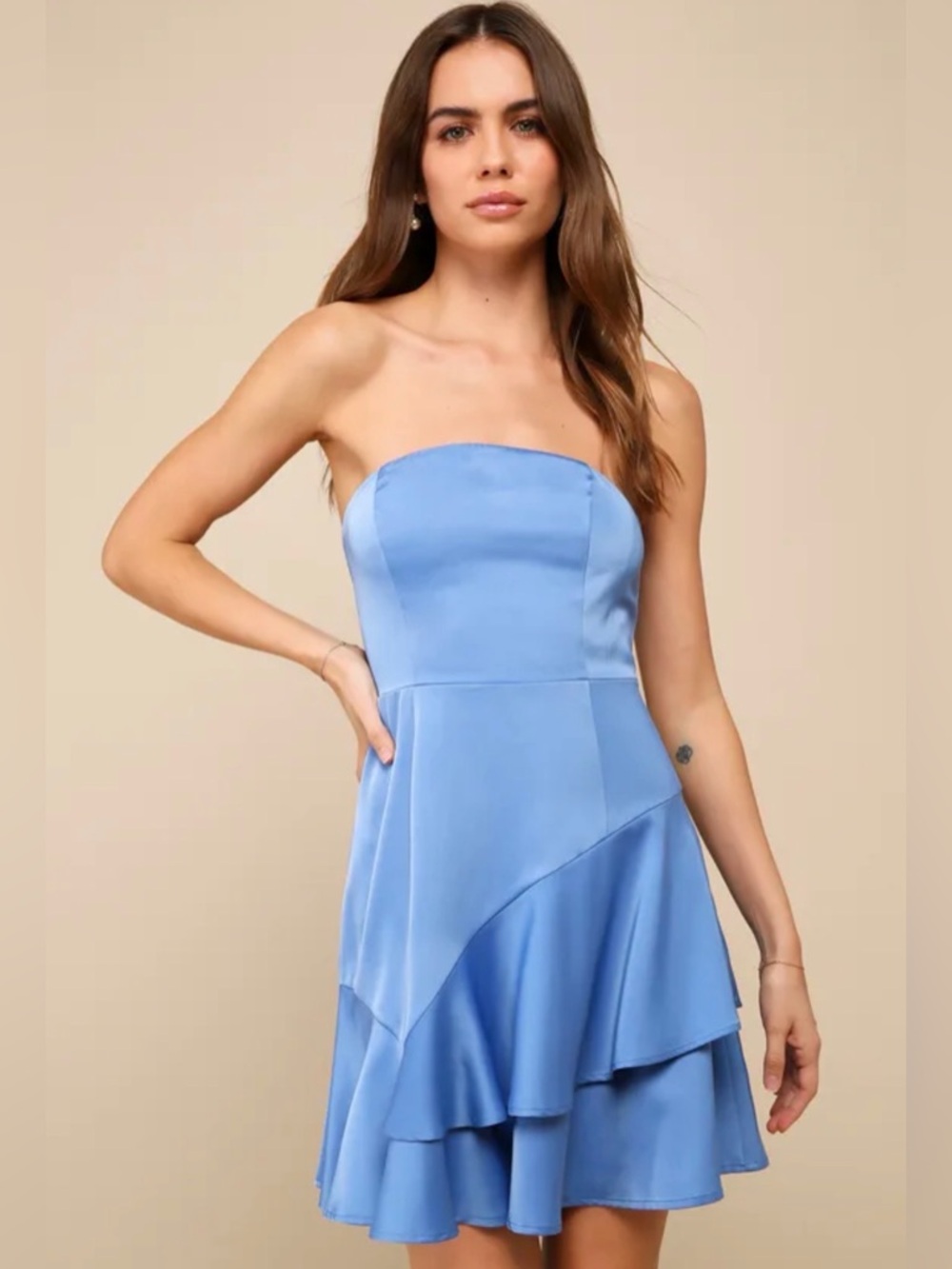 Lulu's Sky Blue Strapless Tiered Satin Mini Dress